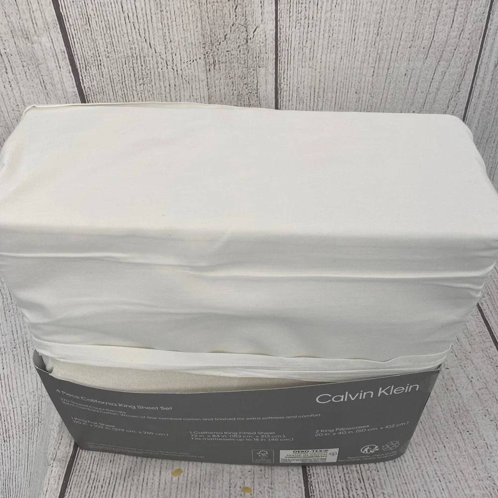 Calvin Klein Sheet Set California King White 270TC Percale 100% Combed Cotton